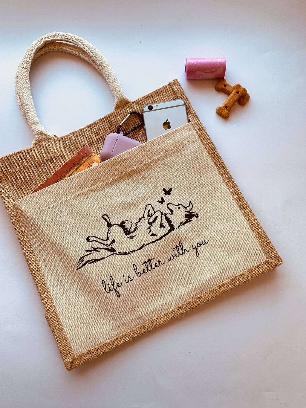 jute handbag for dog lovers, tote bag with pocket, dog mom bag, life is better with you dog tote purse, gift reusable strong burlap pet bags