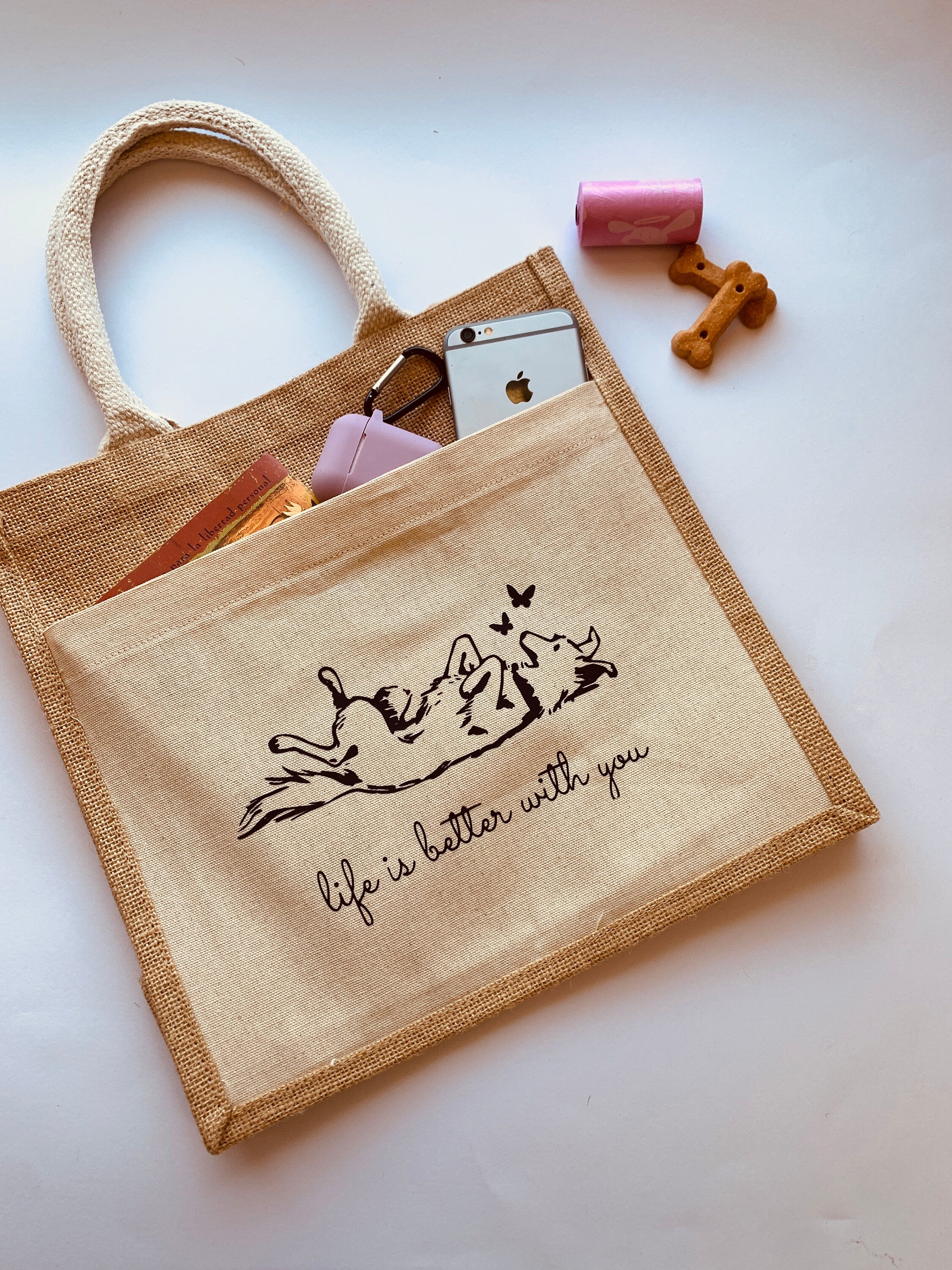 jute handbag for dog lovers, tote bag with pocket, dog mom bag, life is better with you dog tote purse, gift reusable strong burlap pet bags