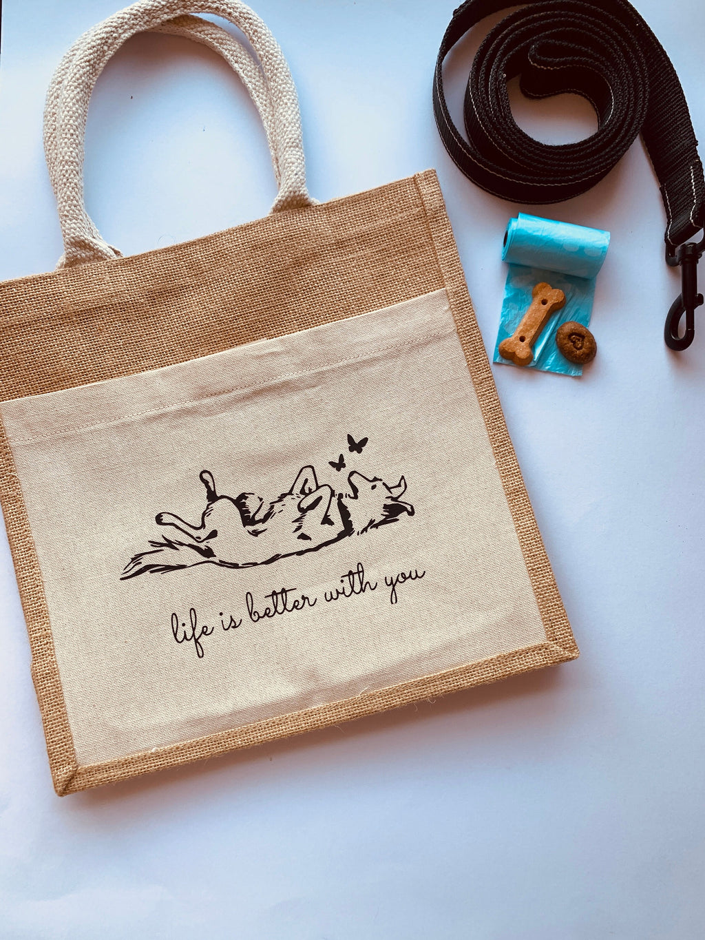 jute handbag for dog lovers, tote bag with pocket, dog mom bag, life is better with you dog tote purse, gift reusable strong burlap pet bags
