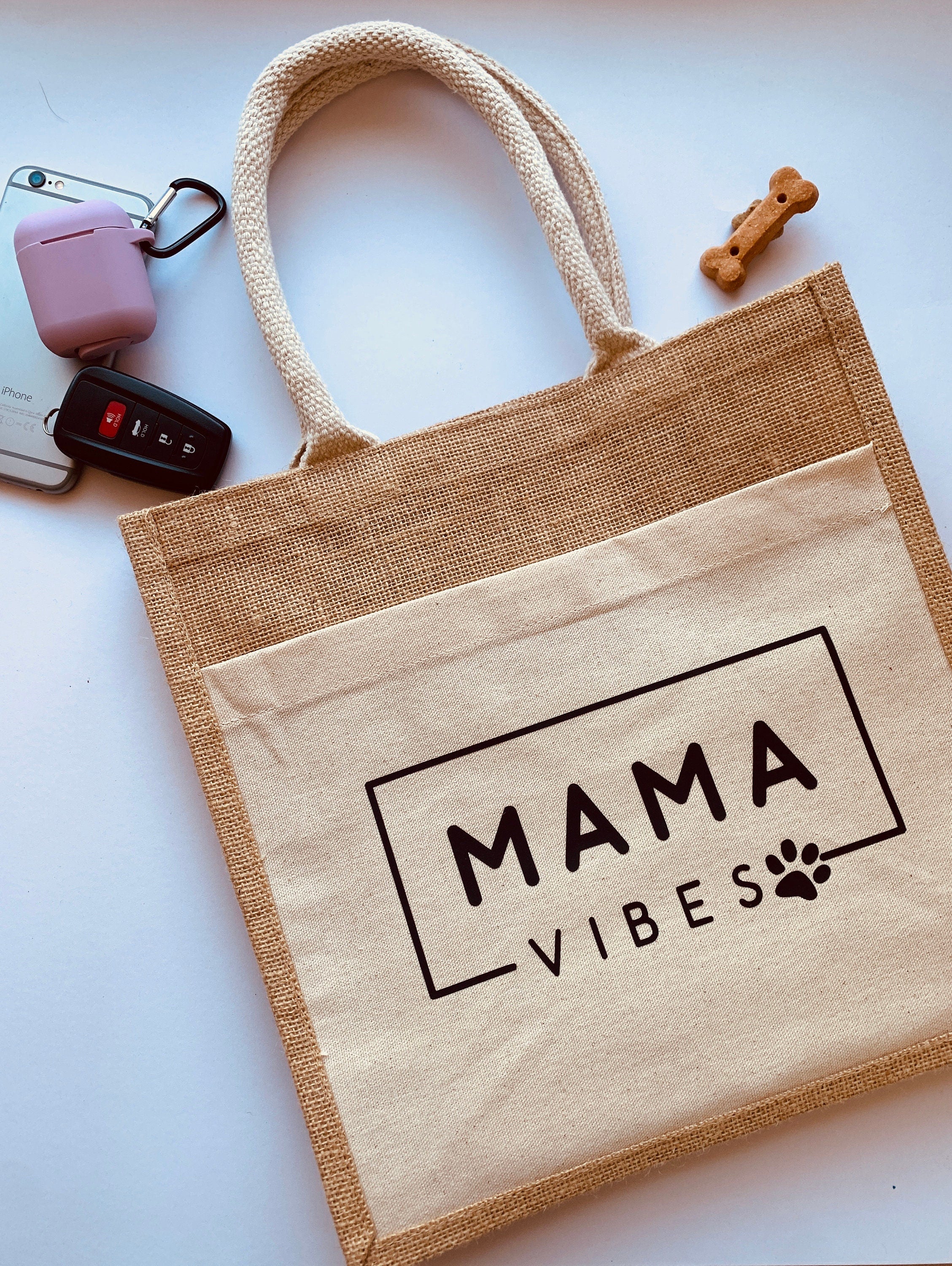 dog mama jute tote bag with pocket, medium reusable burlap bag with cotton handles, dog mama gift , boho ecofriendly market tote, dog lover