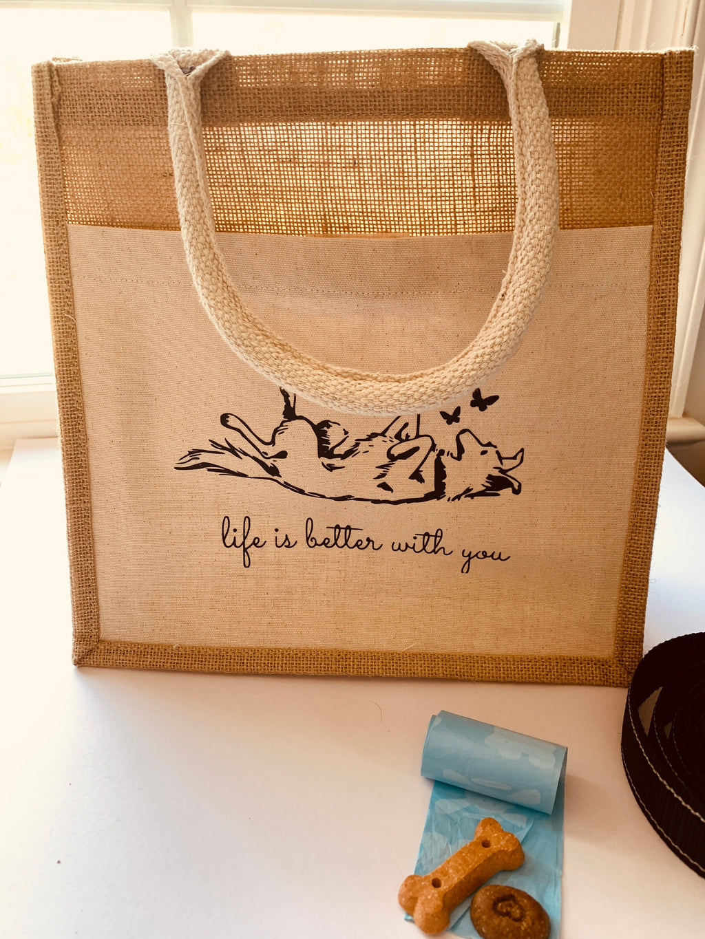 jute handbag for dog lovers, tote bag with pocket, dog mom bag, life is better with you dog tote purse, gift reusable strong burlap pet bags