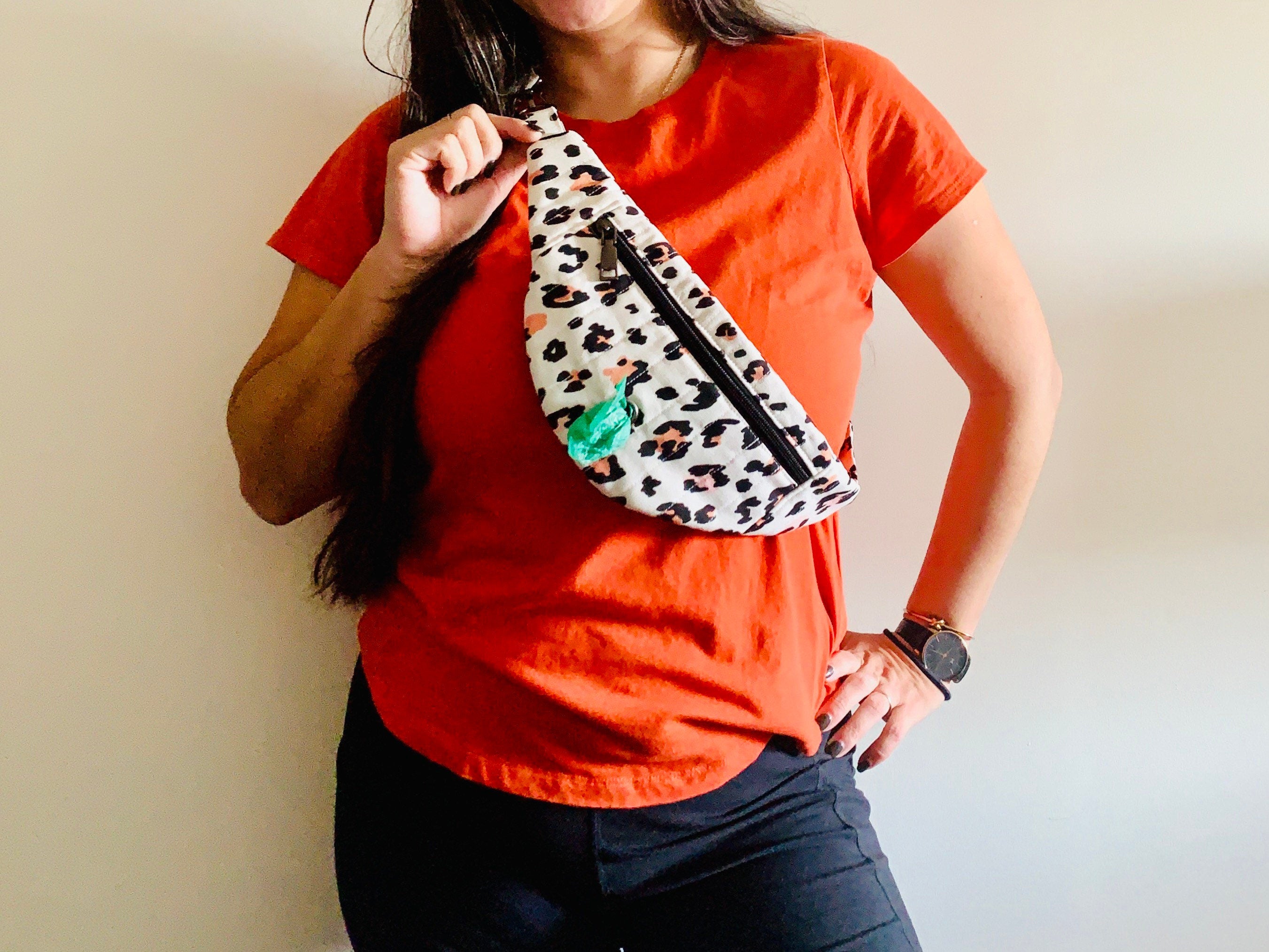 Pastel animal print dog walking fanny pack, boho canvas belt bag with poo hole compartment, waist pouch, bum purse for dog lover,