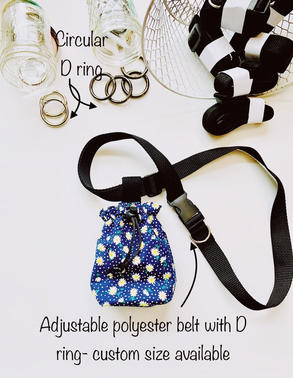 adjustable clip-on belt with D ring, custom size available, add on to treat bag,