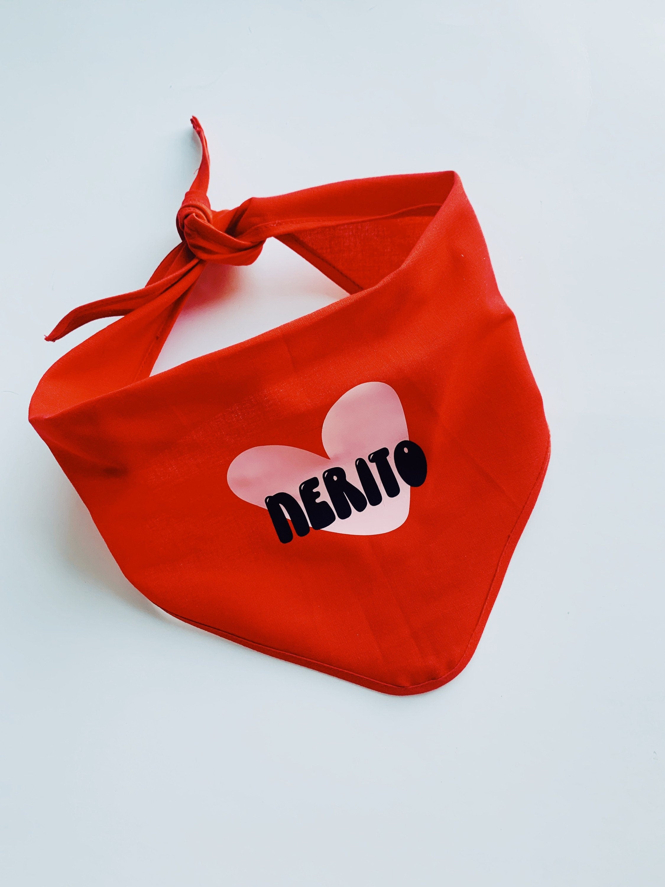 Your pet’s name with a heart bandana, custom made dog lover heart triangular bandana, tie on neck pet bandana , red dog scarf