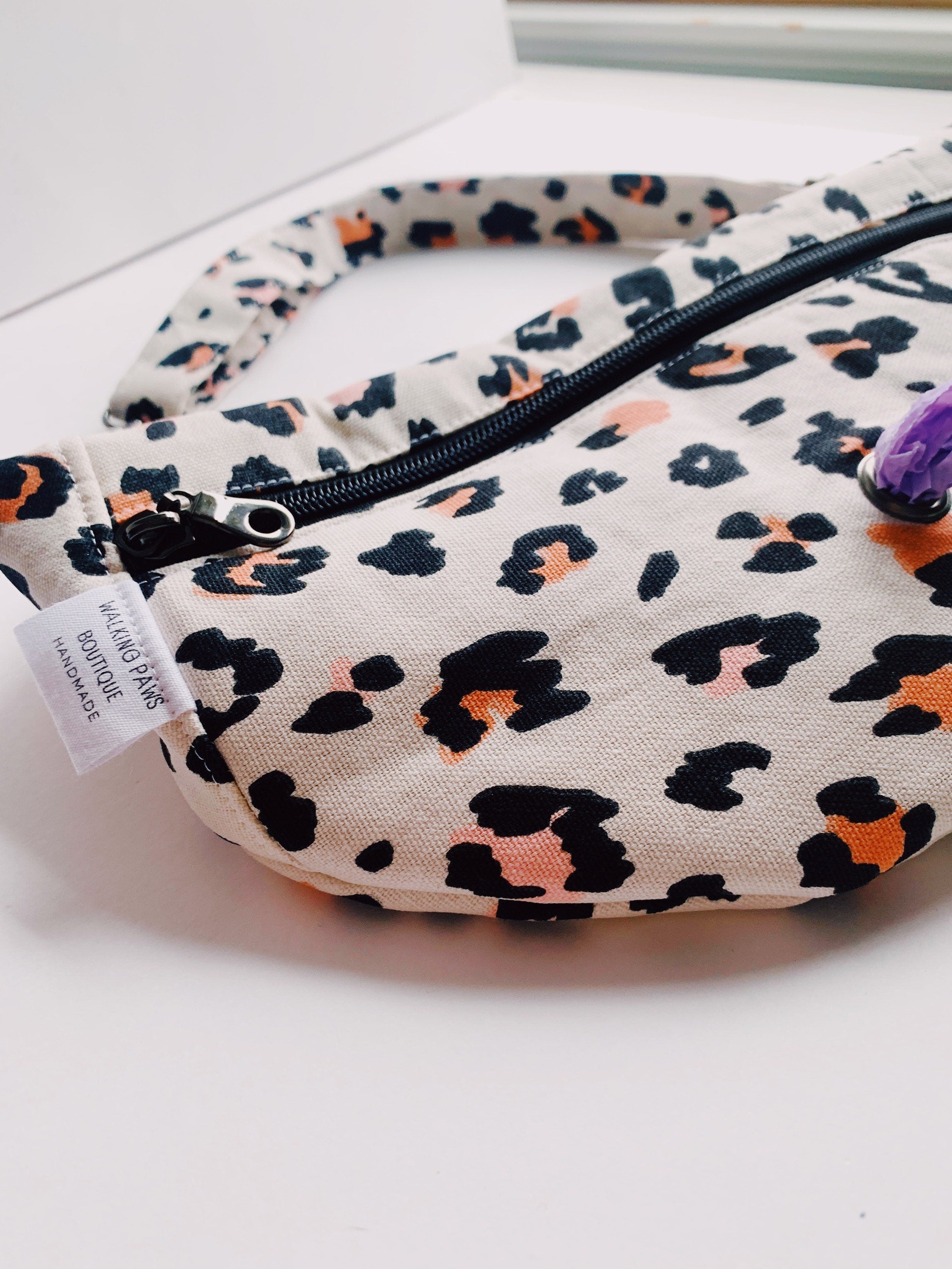 Pastel animal print dog walking fanny pack, boho canvas belt bag with poo hole compartment, waist pouch, bum purse for dog lover,