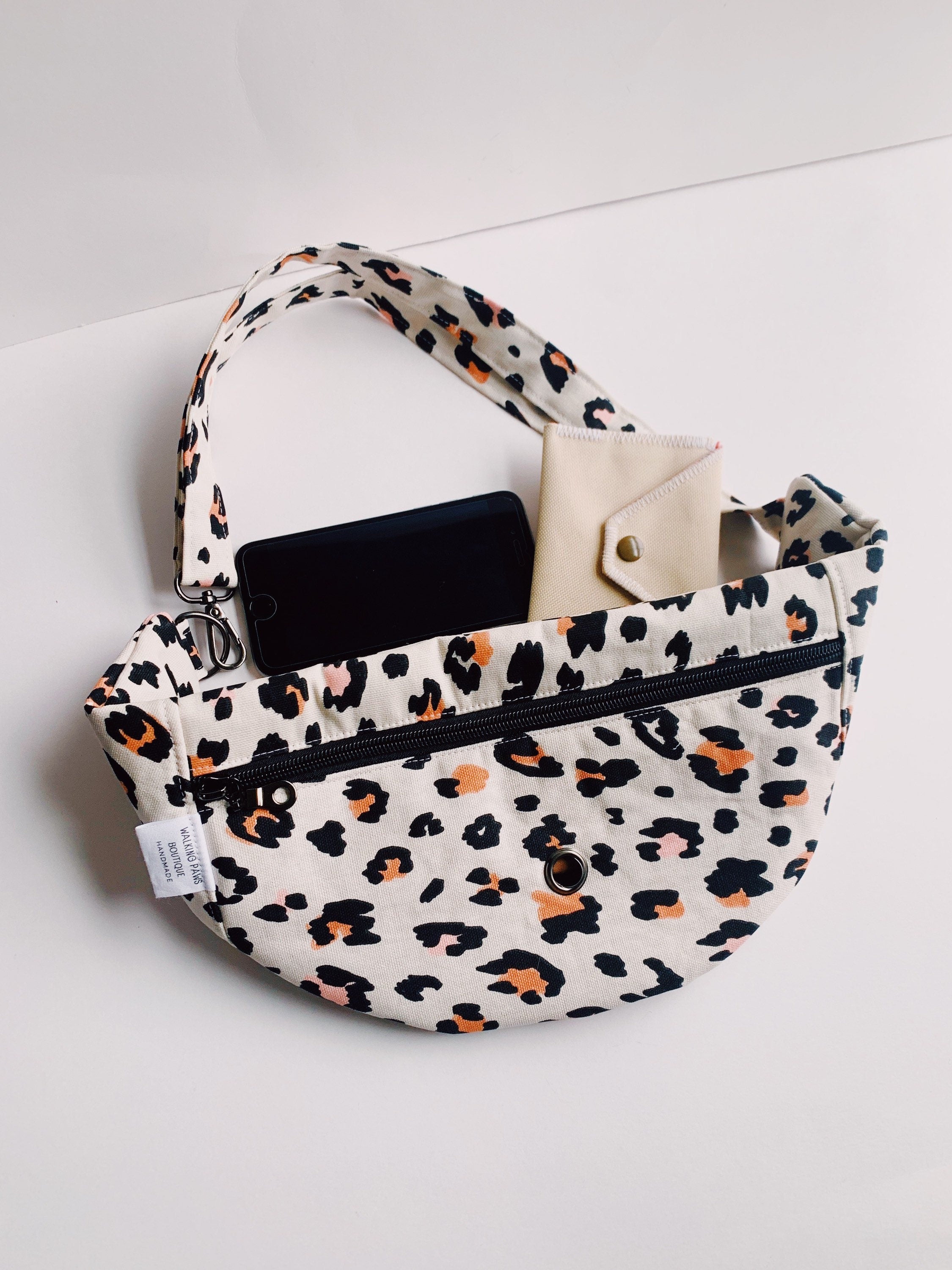 Pastel animal print dog walking fanny pack, boho canvas belt bag with poo hole compartment, waist pouch, bum purse for dog lover,