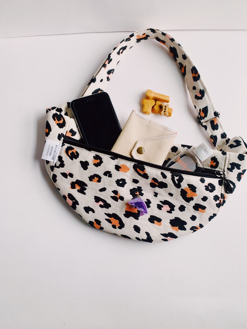 Pastel animal print dog walking fanny pack, boho canvas belt bag with poo hole compartment, waist pouch, bum purse for dog lover,