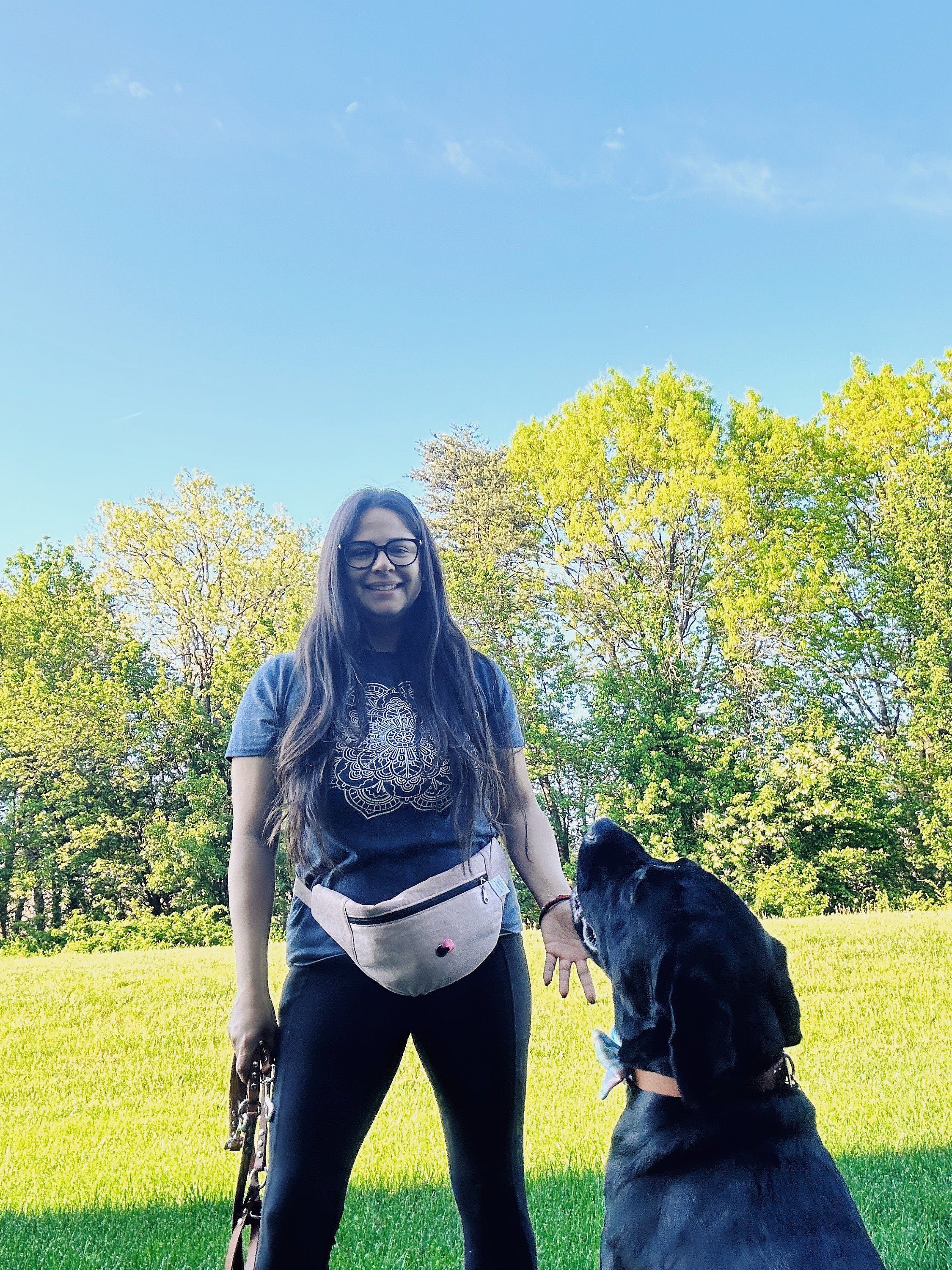 distress black fanny pack with poo holder for dog lovers. Adjustable belt pack for dog walking, trending dog mom gift, oversized bum purse,