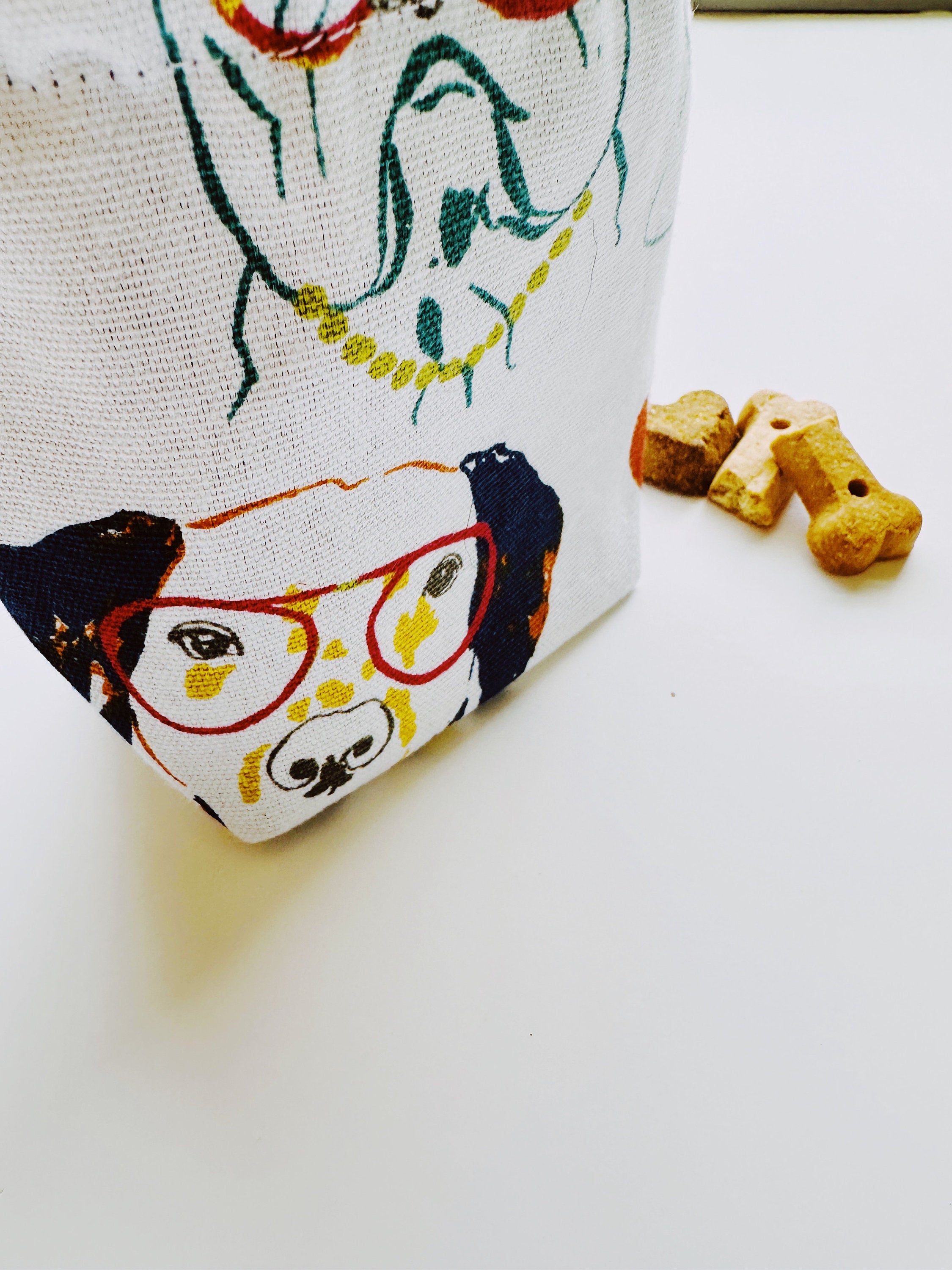 dog treat bag training pouch for walks and trips, dogs with glasses boho canvas waist pouch, strong with waterproof lining, lightweight bag