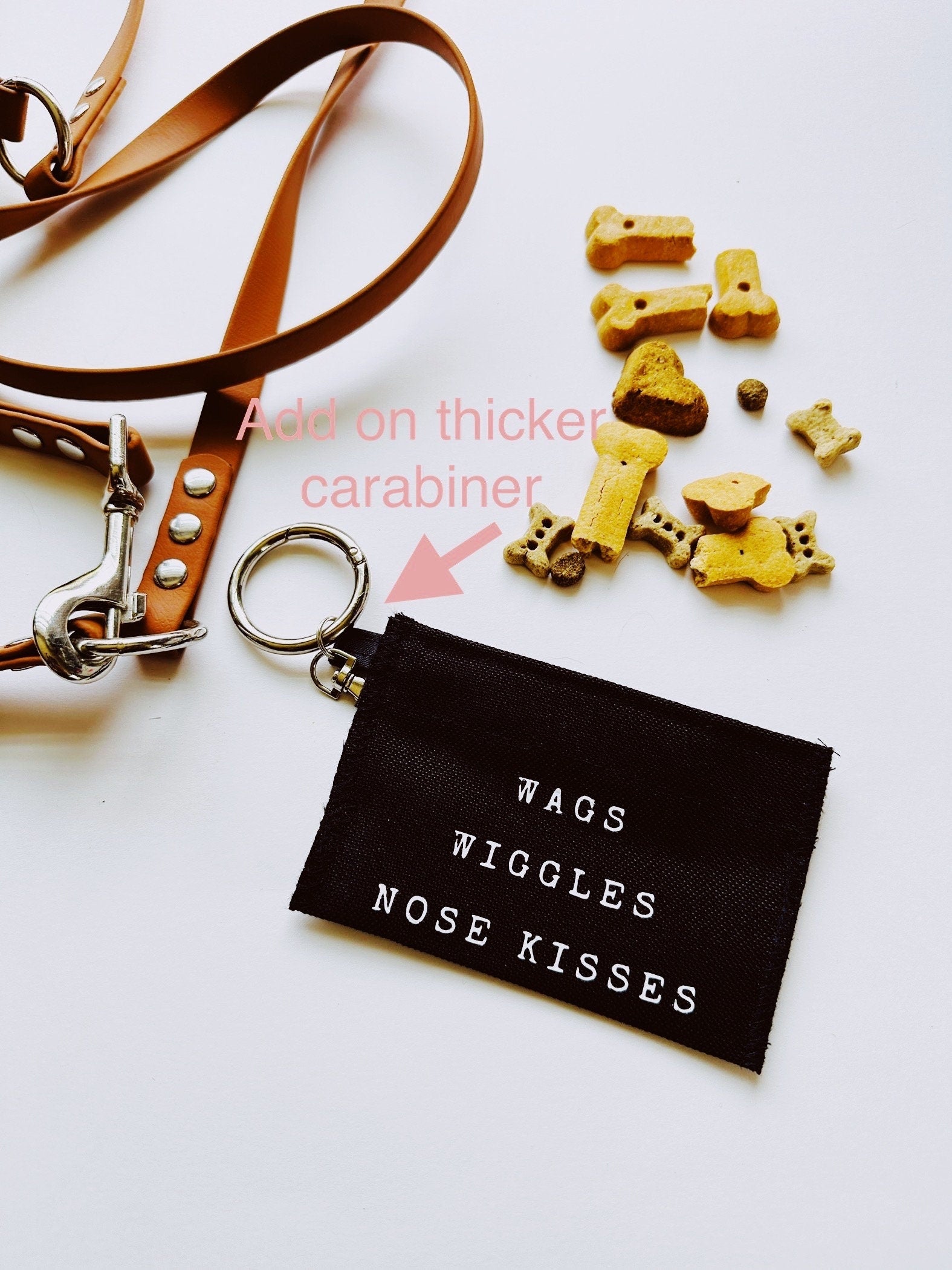 waterproof mini dog treat pouch for walks, small treat holder with custom name, wags wiggles nose kisses bag, hook in leash or purse, gift