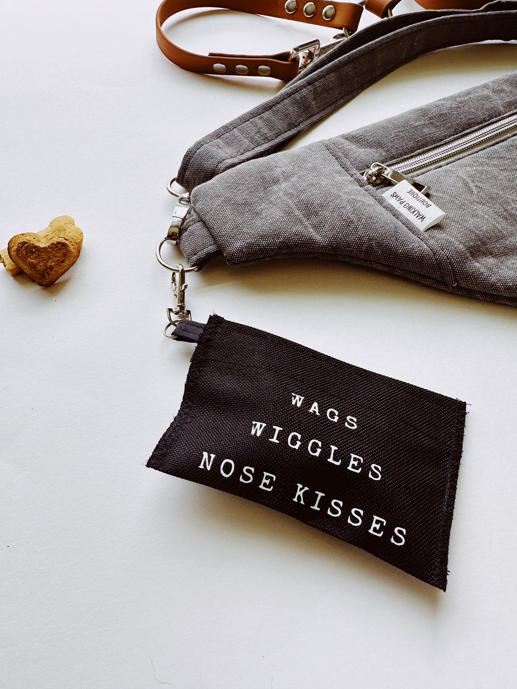 waterproof mini dog treat pouch for walks, small treat holder with custom name, wags wiggles nose kisses bag, hook in leash or purse, gift