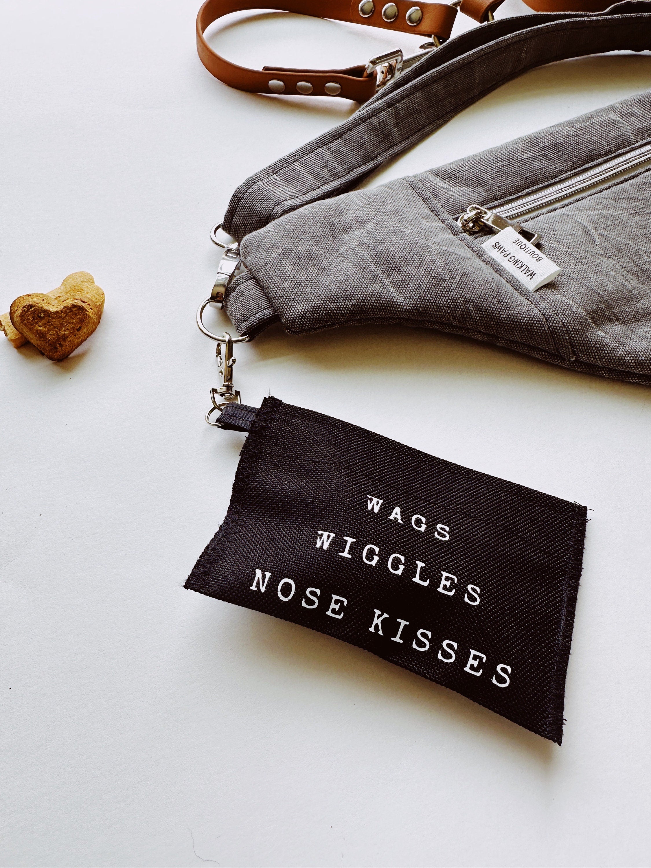 waterproof mini dog treat pouch for walks, small treat holder with custom name, wags wiggles nose kisses bag, hook in leash or purse, gift