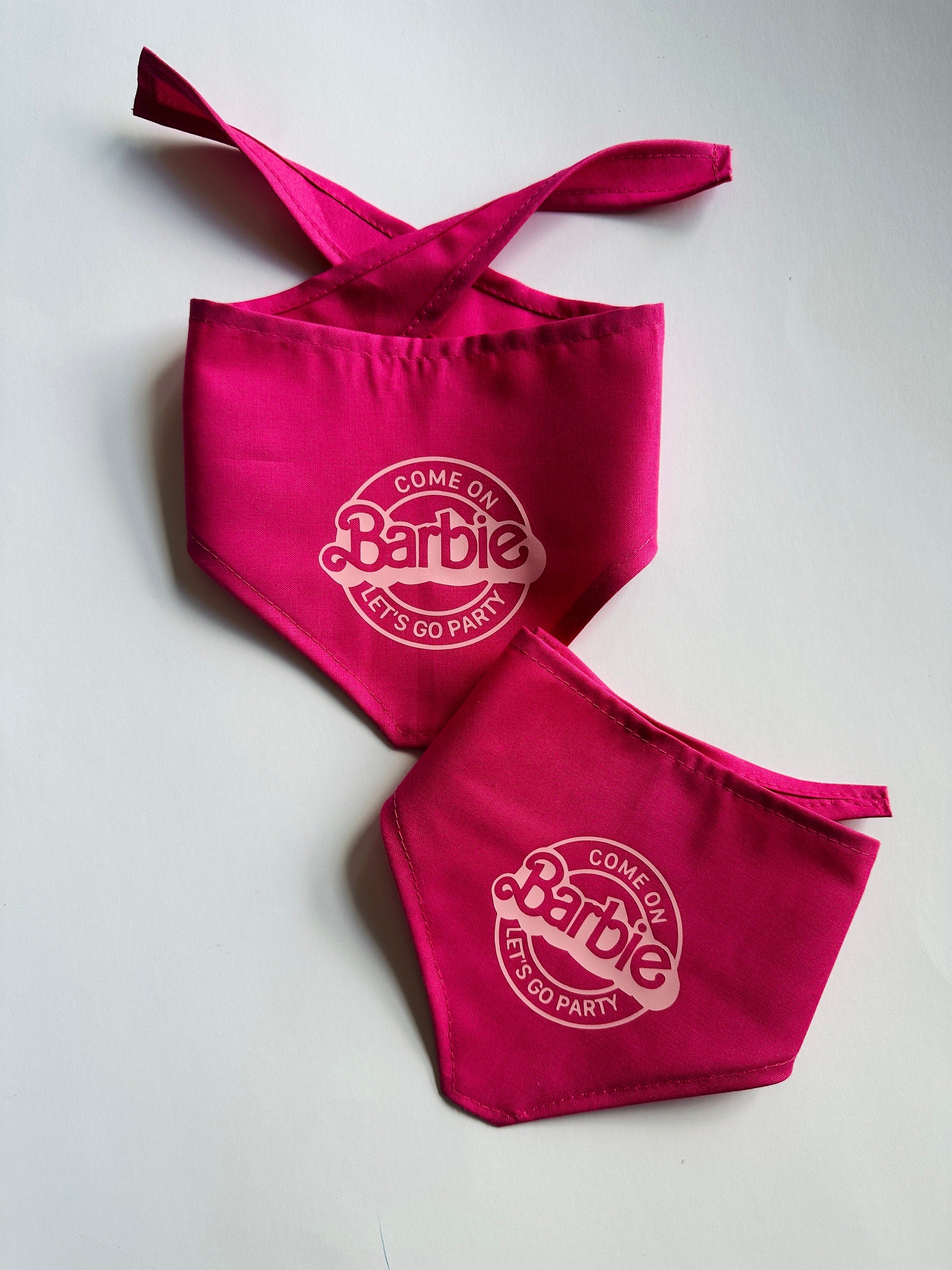come on barbie let's go party pet dog bandana, triangular dog scarf, tie on dog accessory for small or large dogs, magenta pink dana
