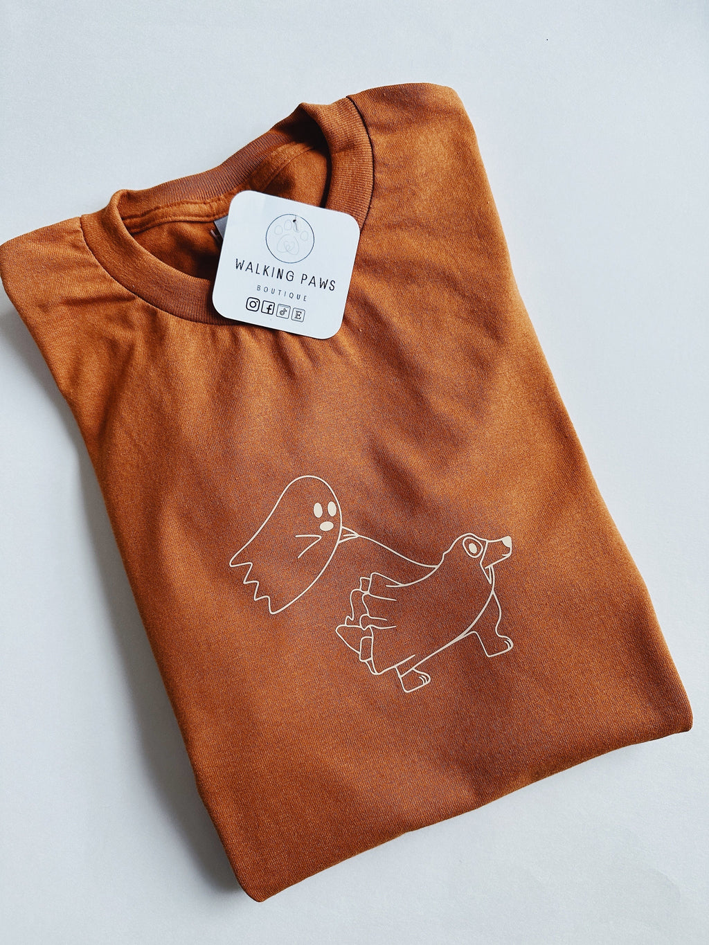 Ghost walking dog ghost soft orange t-shirt, dog lover apparel burt orang with beige vinyl, boho shirt for dog lover Halloween inspired gift