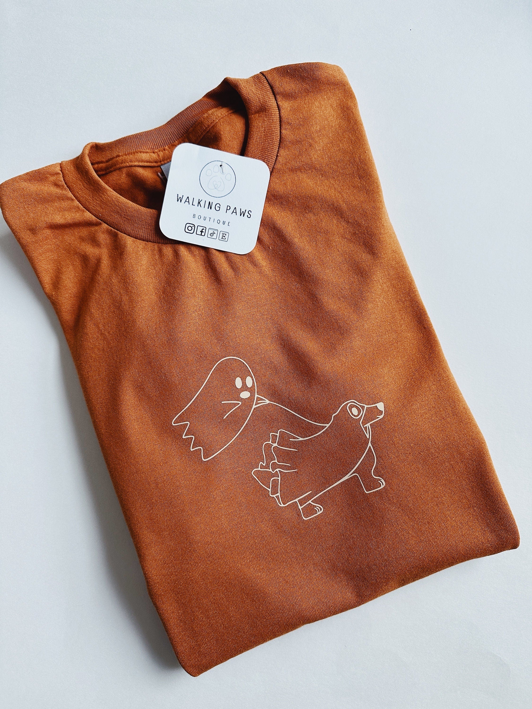 Ghost walking dog ghost soft orange t-shirt, dog lover apparel burt orang with beige vinyl, boho shirt for dog lover Halloween inspired gift