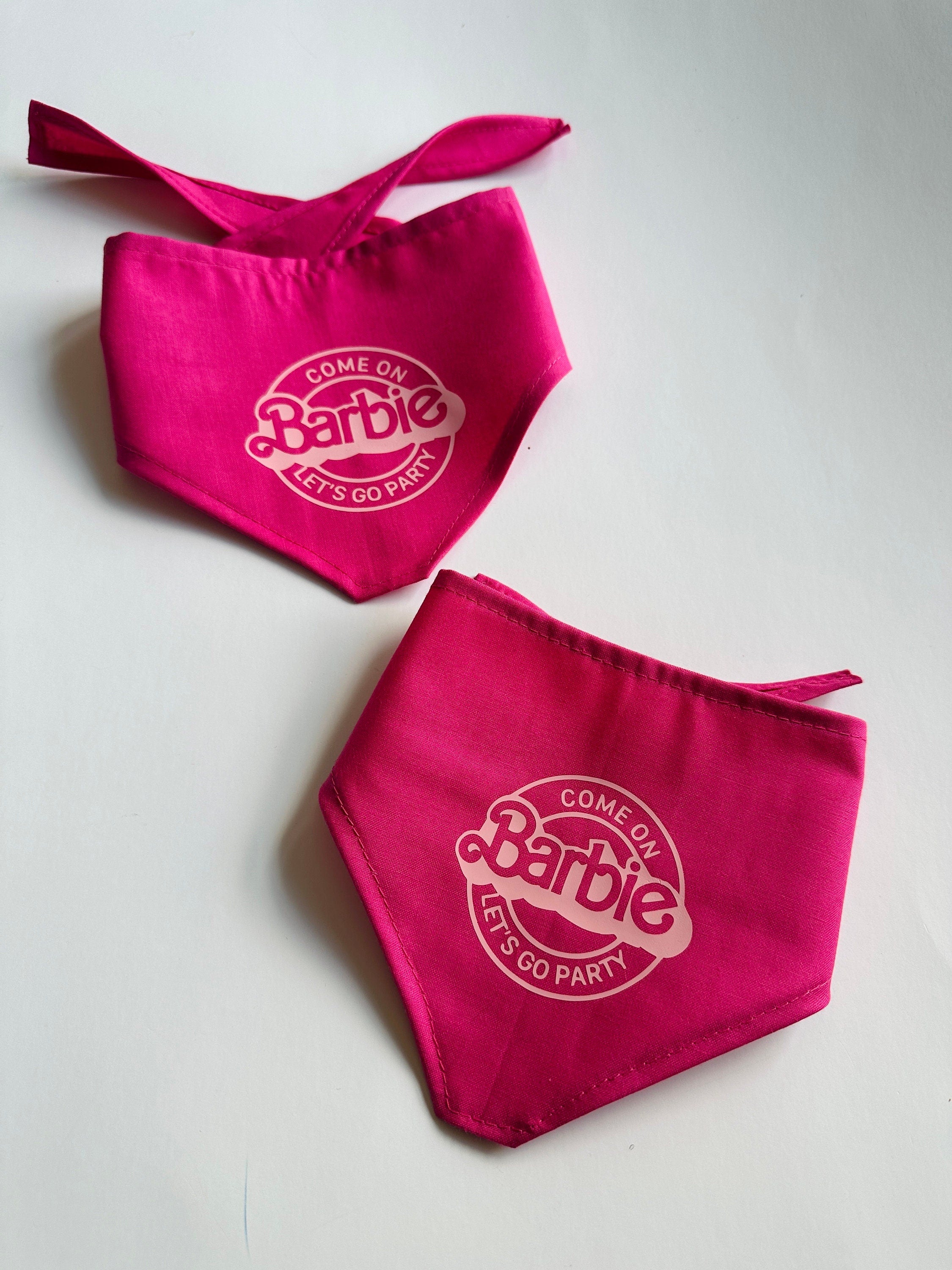 come on barbie let's go party pet dog bandana, triangular dog scarf, tie on dog accessory for small or large dogs, magenta pink dana