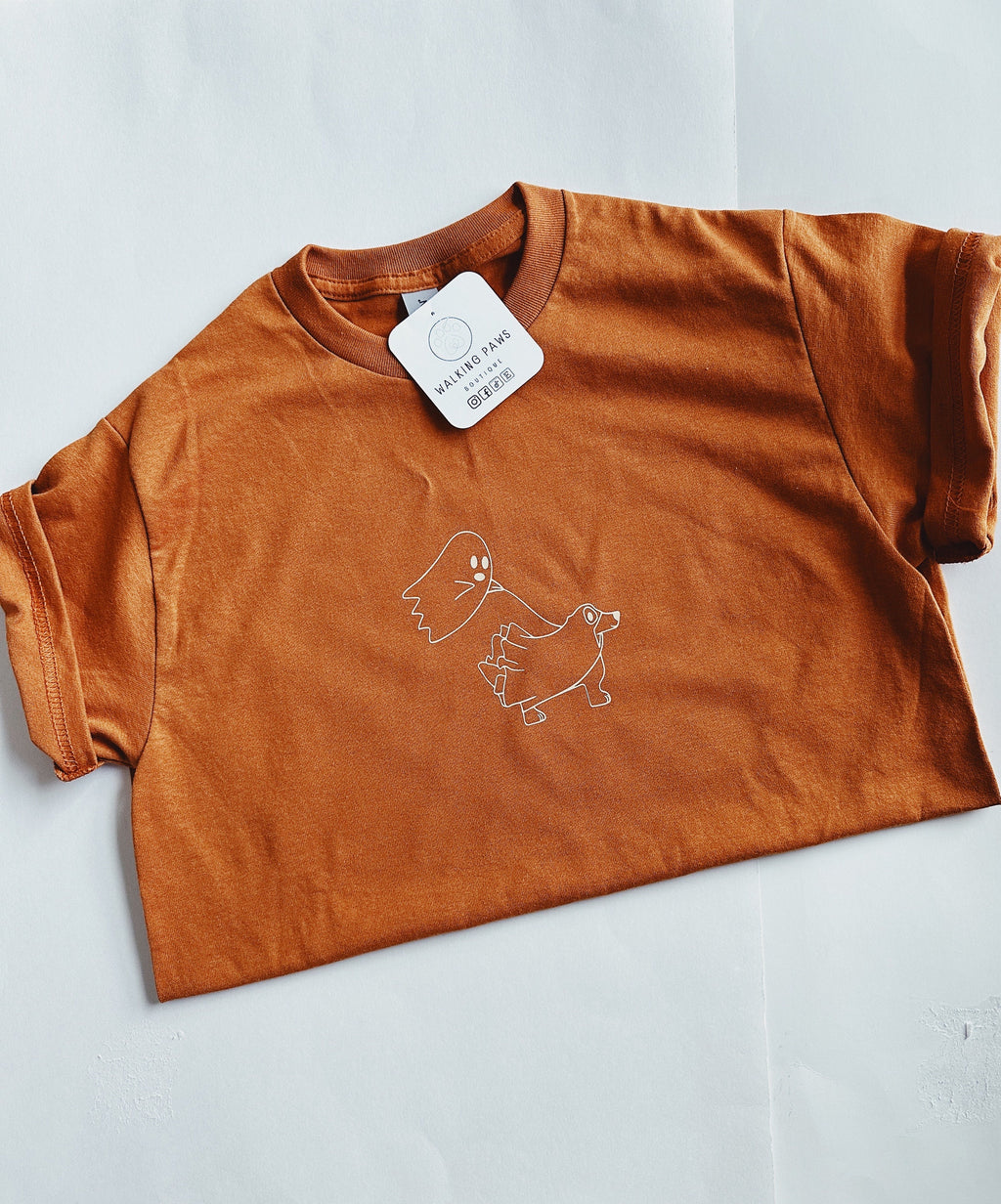 Ghost walking dog ghost soft orange t-shirt, dog lover apparel burt orang with beige vinyl, boho shirt for dog lover Halloween inspired gift