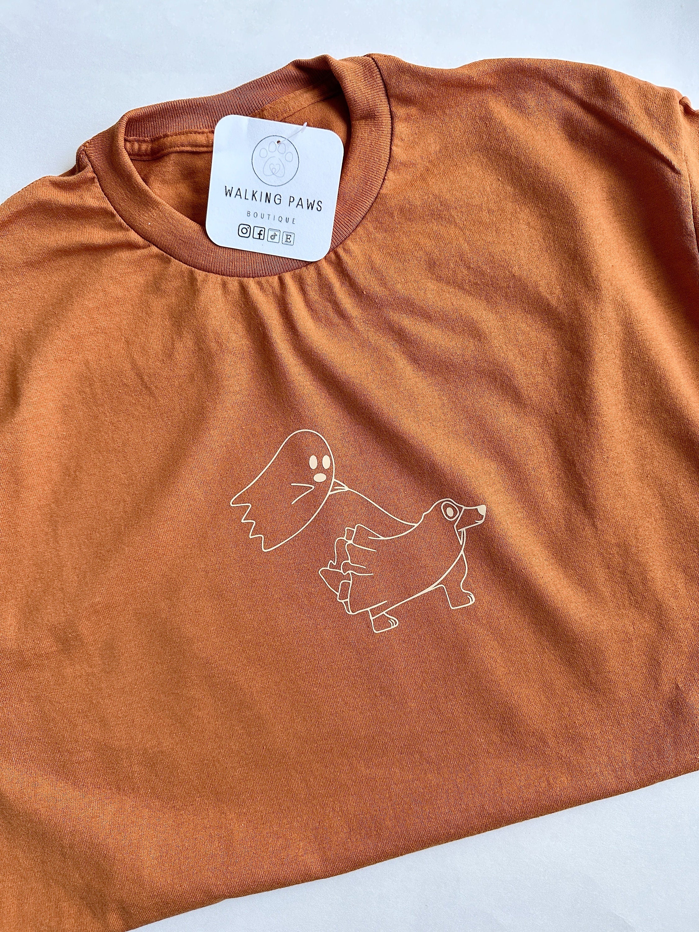 Ghost walking dog ghost soft orange t-shirt, dog lover apparel burt orang with beige vinyl, boho shirt for dog lover Halloween inspired gift