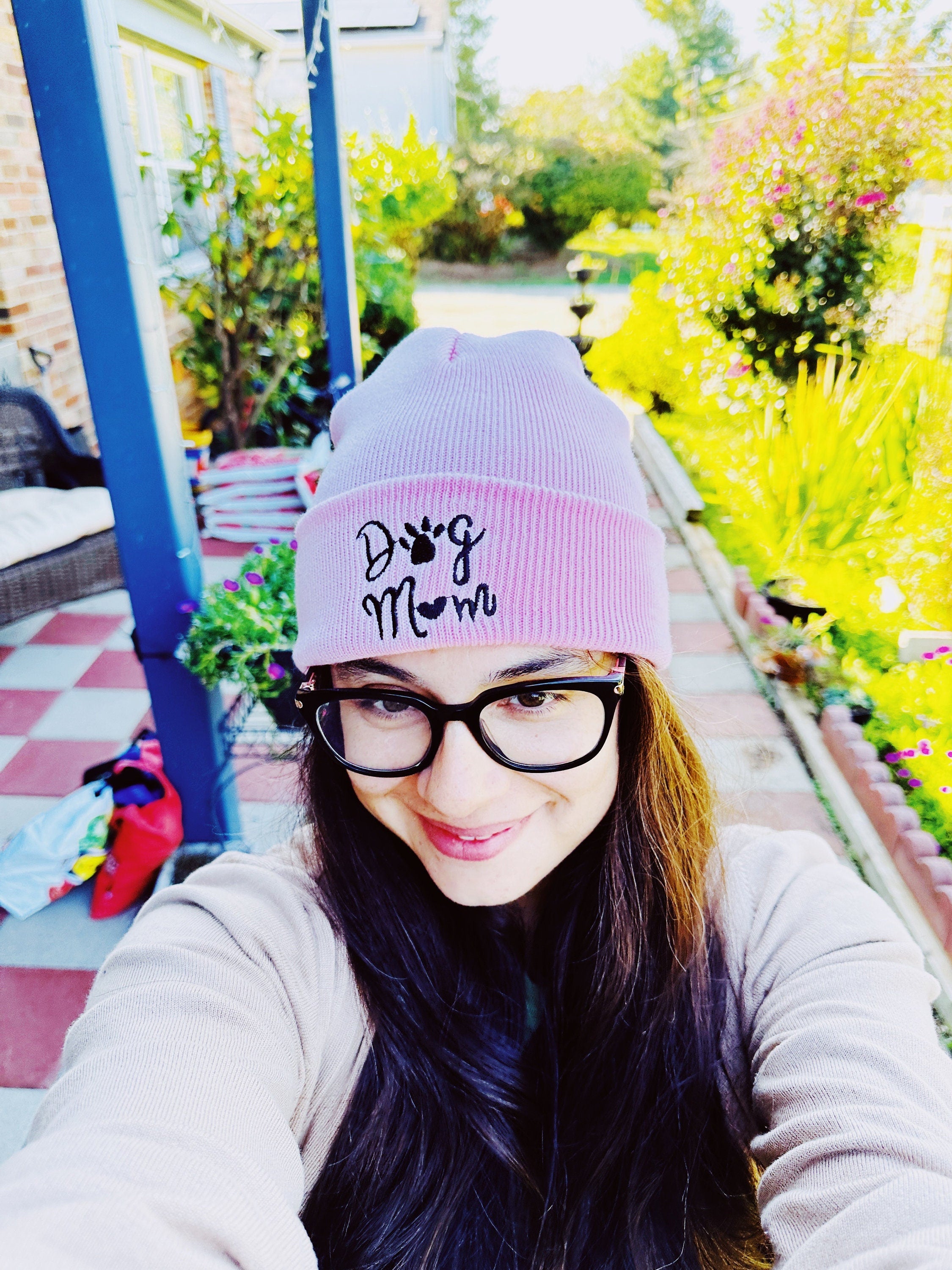 dog mom embroidery beanie pink or black, soft sock cap for dog mom, stocking stuffer gift for dog lover, knitted winter hat, vibrant colors