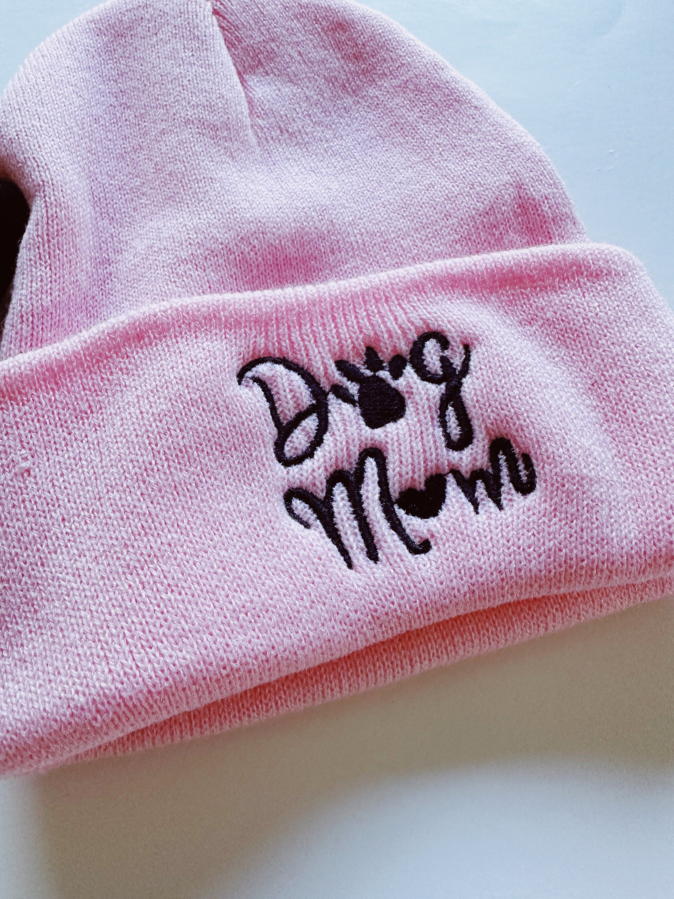 dog mom embroidery beanie pink or black, soft sock cap for dog mom, stocking stuffer gift for dog lover, knitted winter hat, vibrant colors