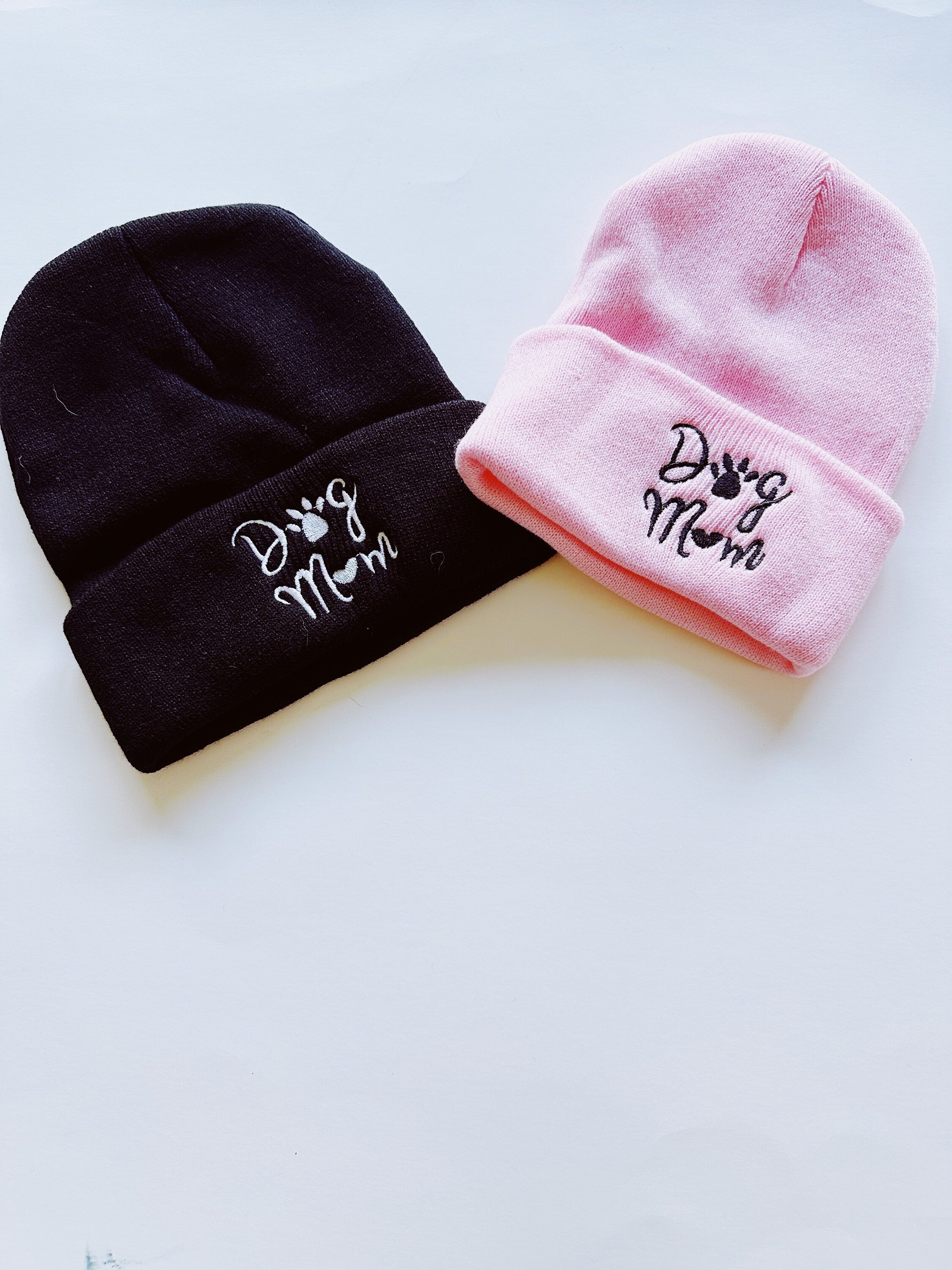 dog mom embroidery beanie pink or black, soft sock cap for dog mom, stocking stuffer gift for dog lover, knitted winter hat, vibrant colors