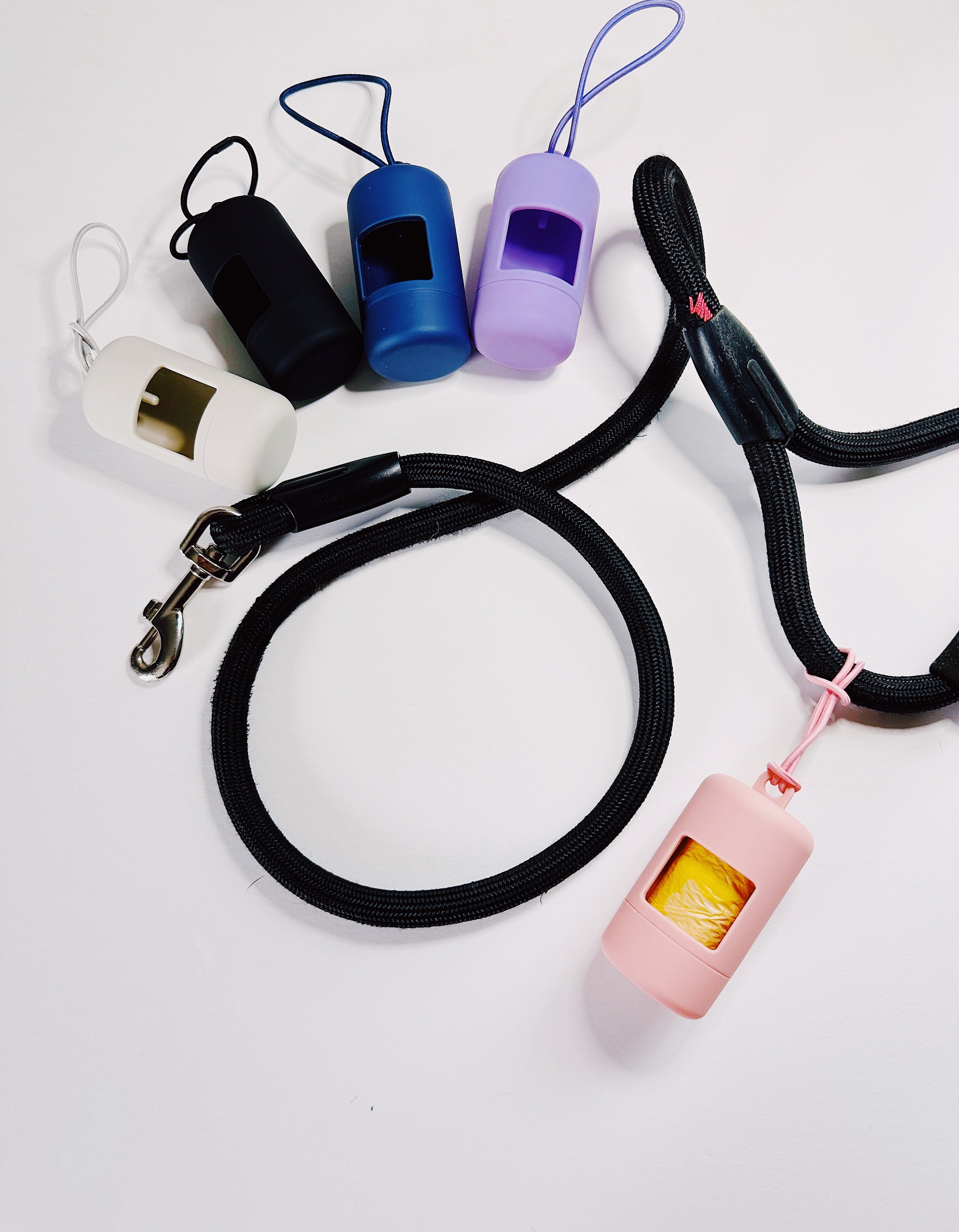 aesthetic neutral colors dog poo bags holders, attachable to leash, dog bag holder for leash, neutral color pet bag dispenser