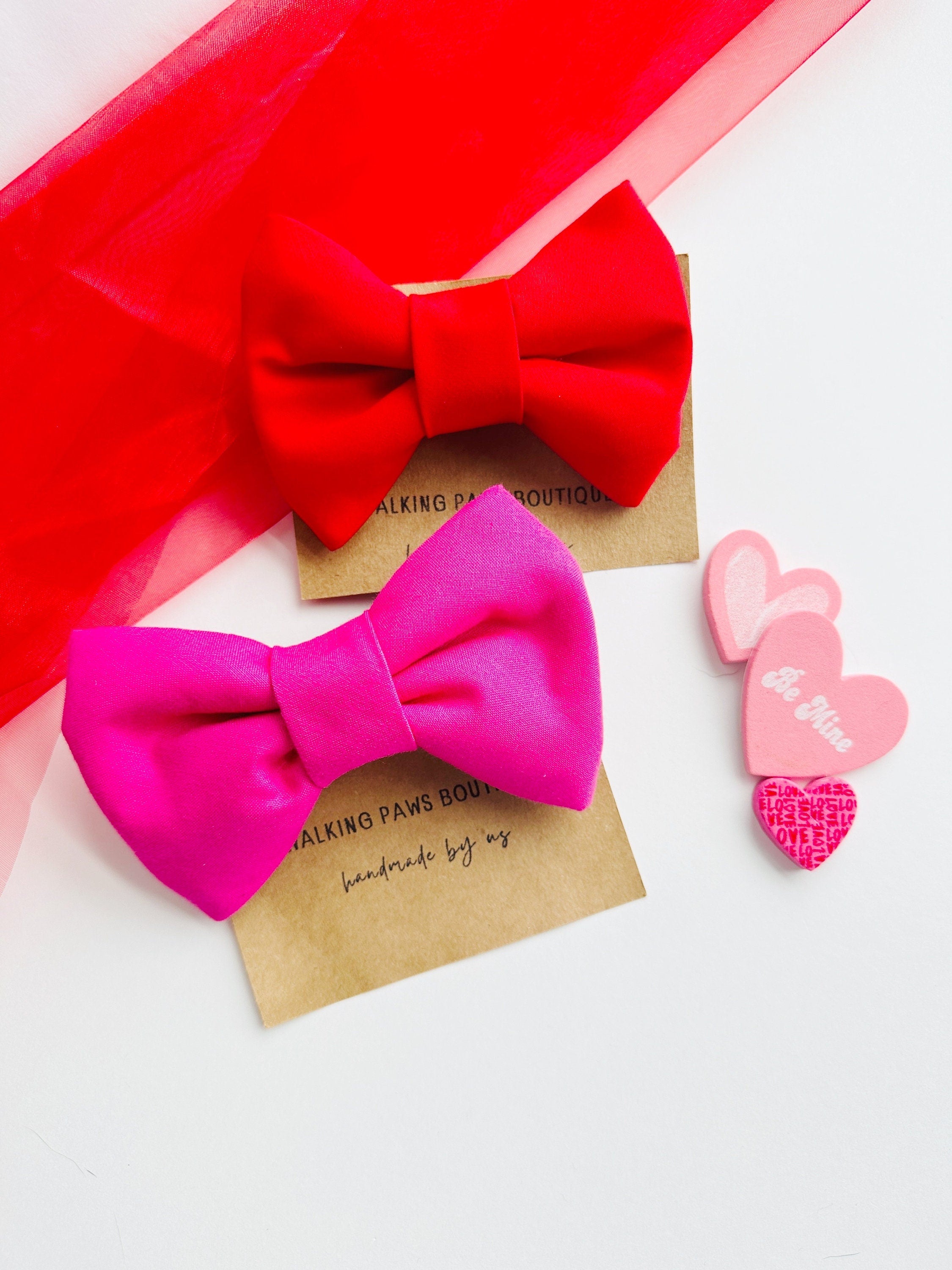 bright pink attachable dog bowtie, slide on collar pet bowtie with loops in back, chic dog accessory, removable bowtie for dogs or cats,gift