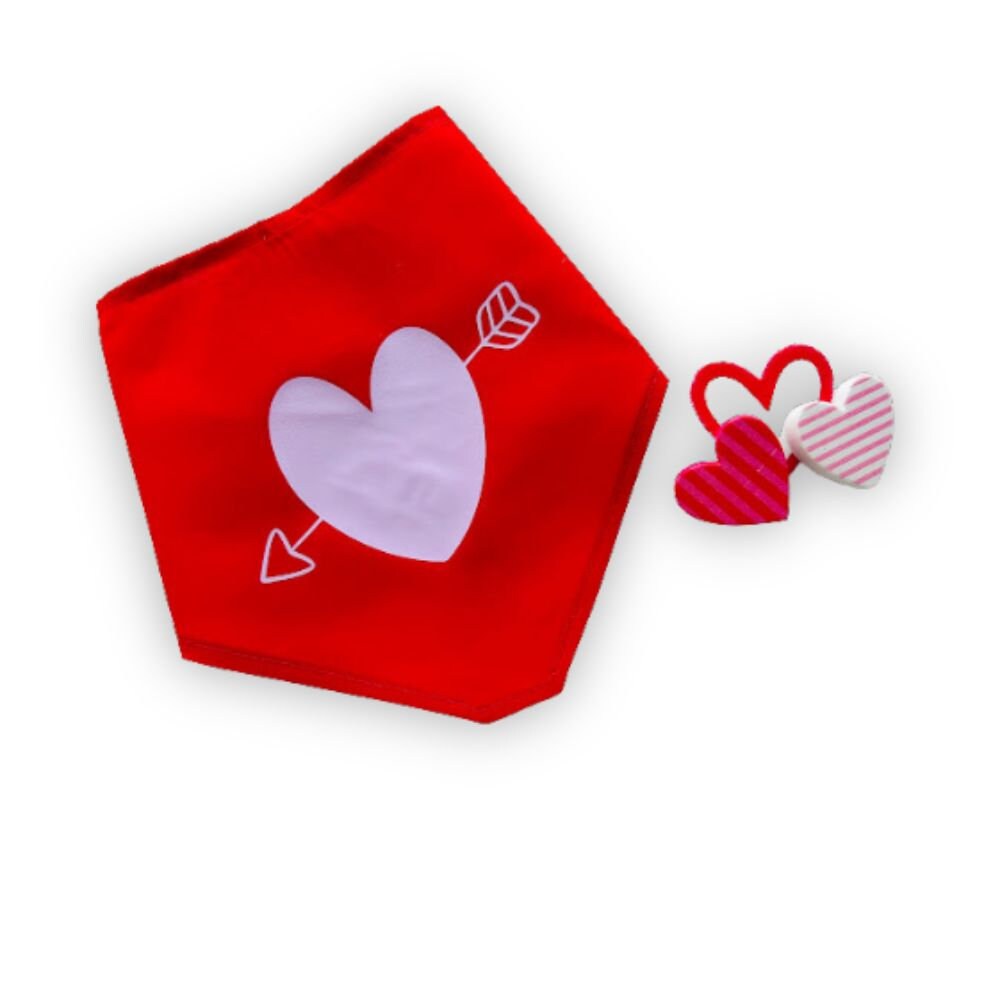 Valentines pet red bandana with lilac heart and pet’s name, custom dog lover heart triangular tie on pet scarf, red cat bandana, new puppy