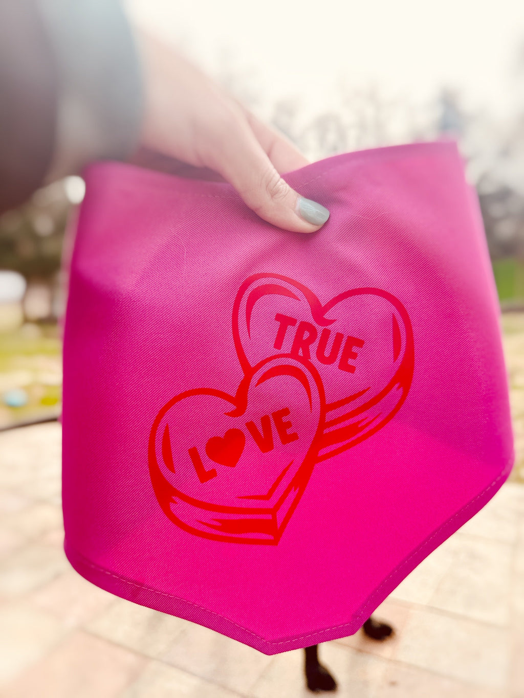 bright pink valentines pet bandana, true love tie on scarf for cats and dogs. budget friendly gift for dog mom. trending bandana