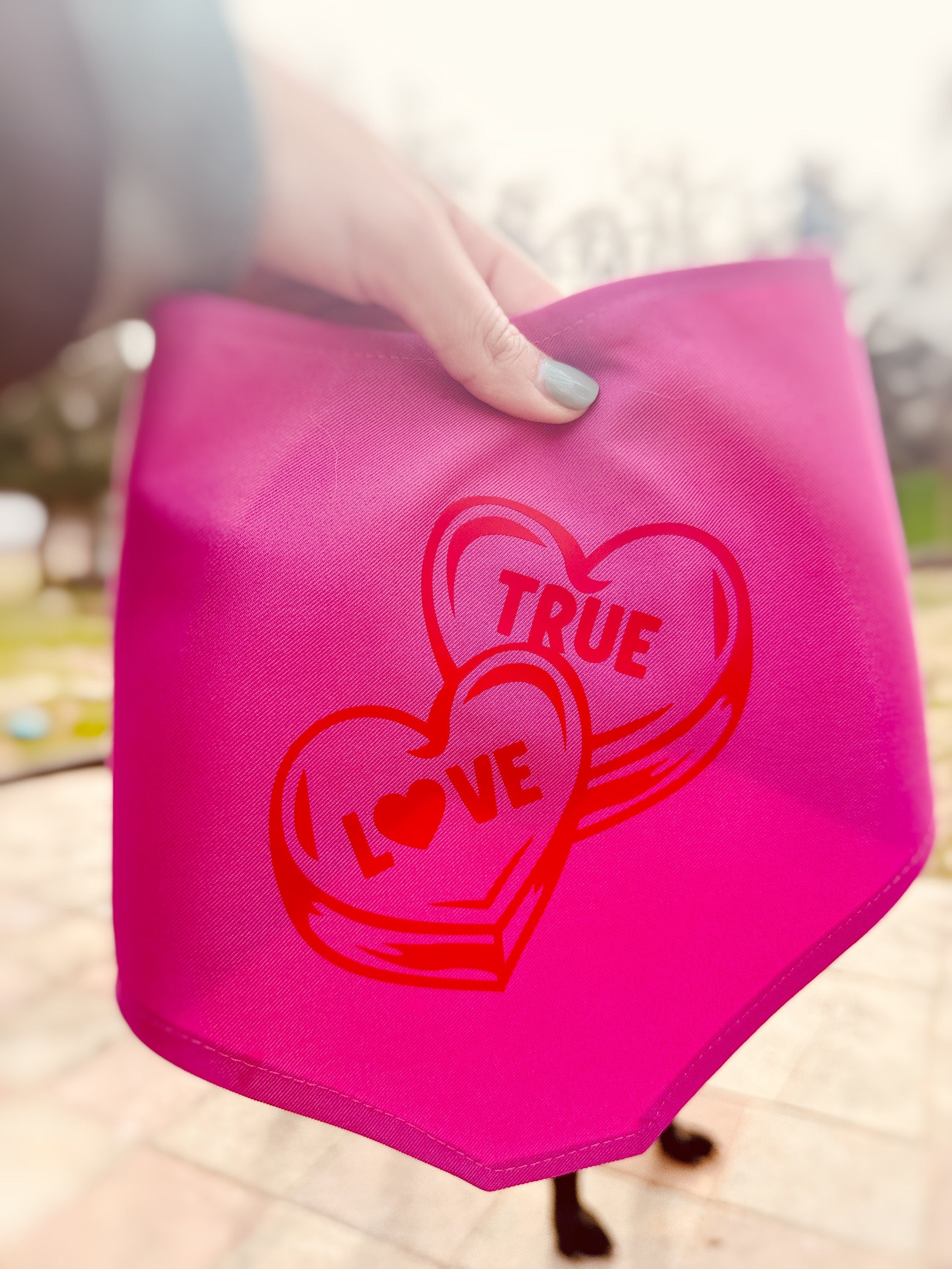 bright pink valentines pet bandana, true love tie on scarf for cats and dogs. budget friendly gift for dog mom. trending bandana