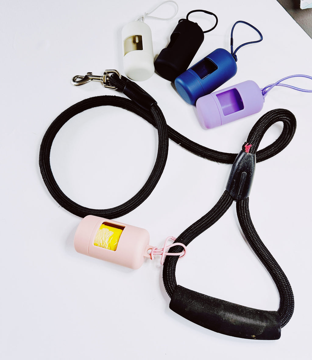 aesthetic neutral colors dog poo bags holders, attachable to leash, dog bag holder for leash, neutral color pet bag dispenser