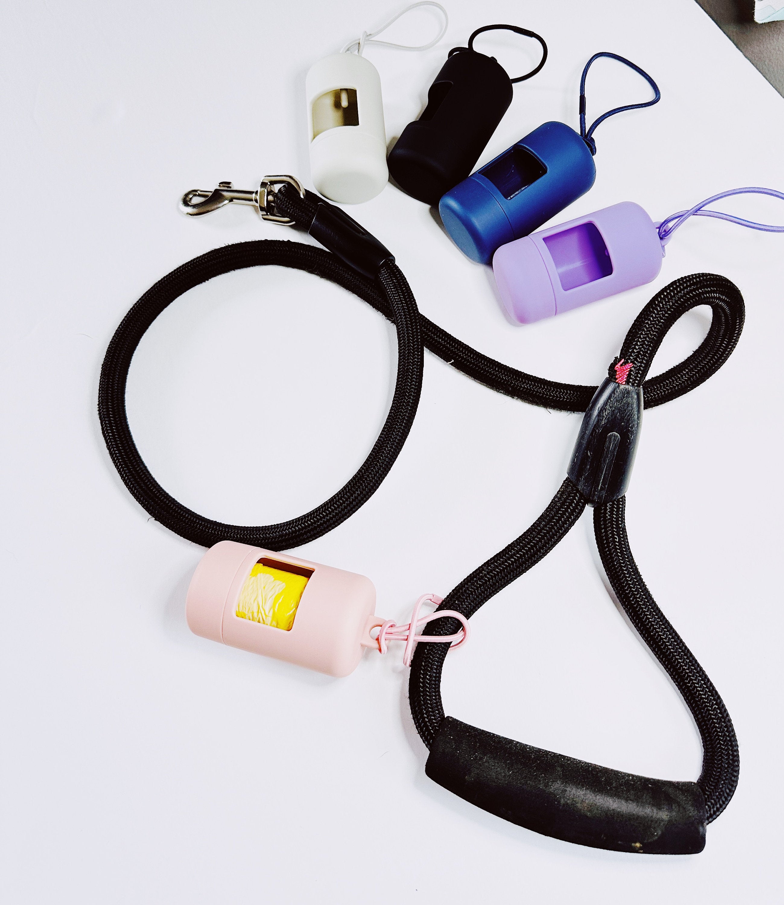 aesthetic neutral colors dog poo bags holders, attachable to leash, dog bag holder for leash, neutral color pet bag dispenser