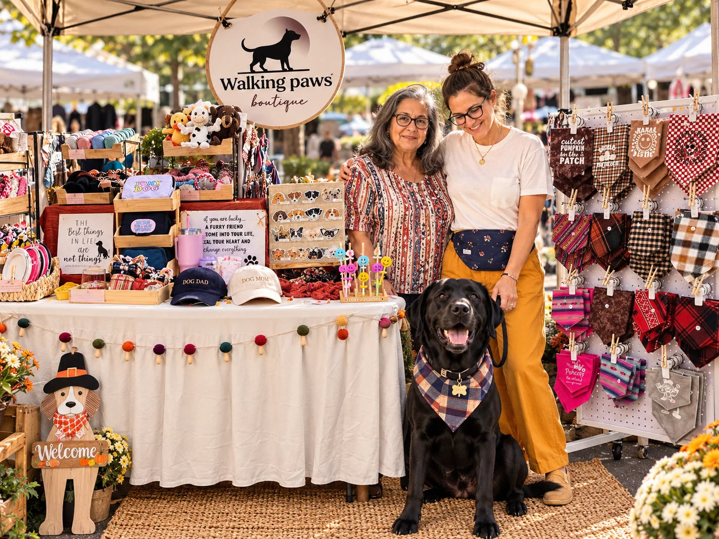 Abuela Susi and Nanu with their dog at the Walking Paws Boutique outdoor market booth, surrounded by hats, bandanas, and dog accessories